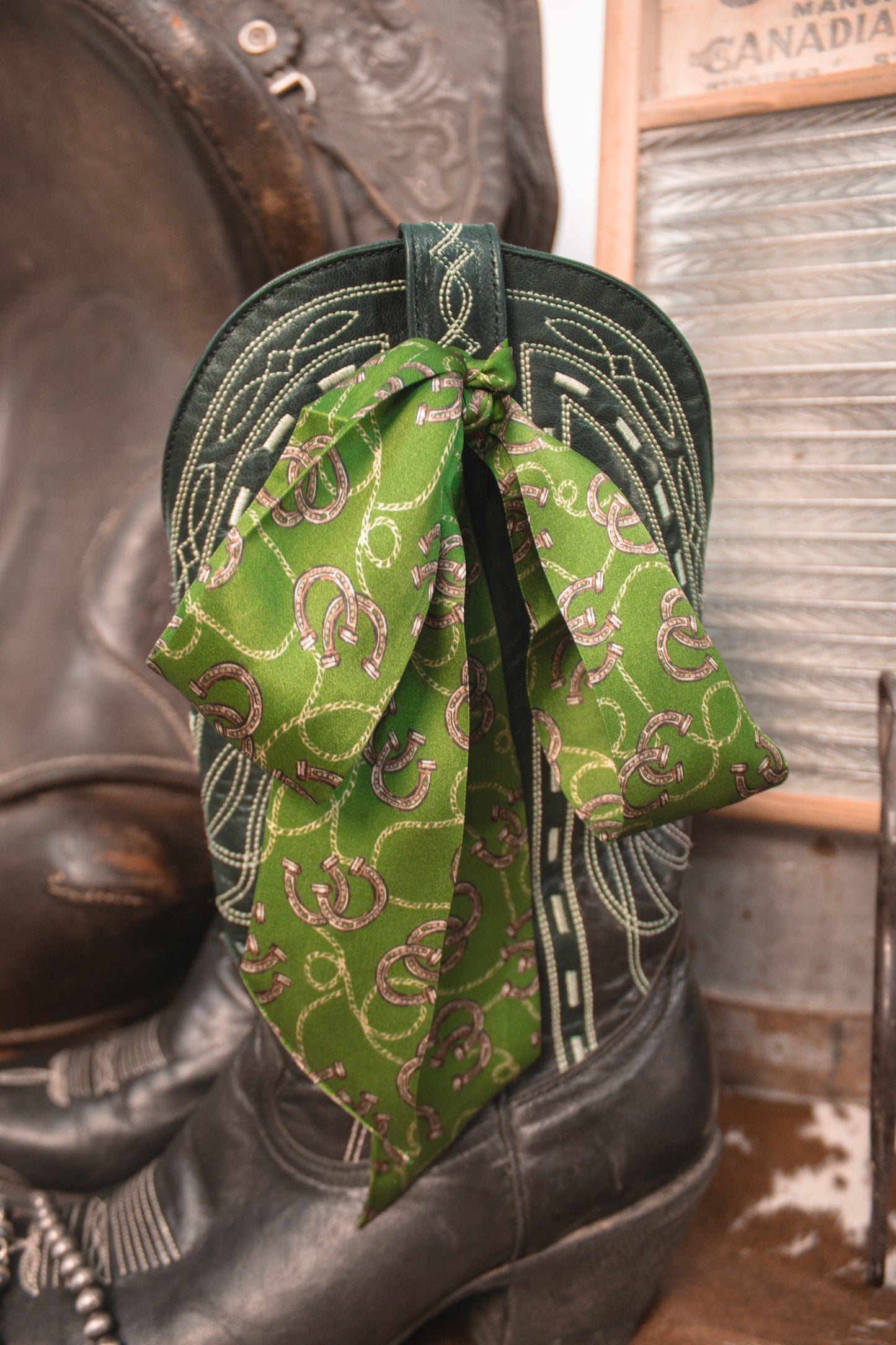 Green Silk Twilly W/ Horseshoes & Rope Details