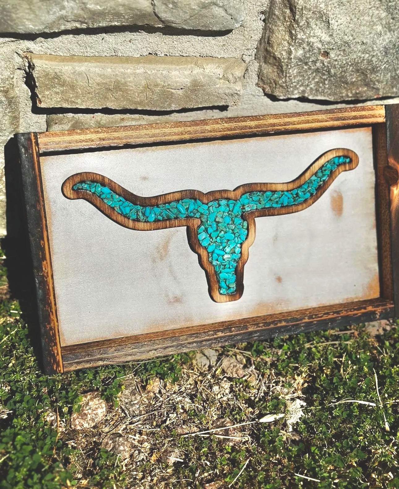 Twisted Iron - Turquoise Long Horn White Background Sign