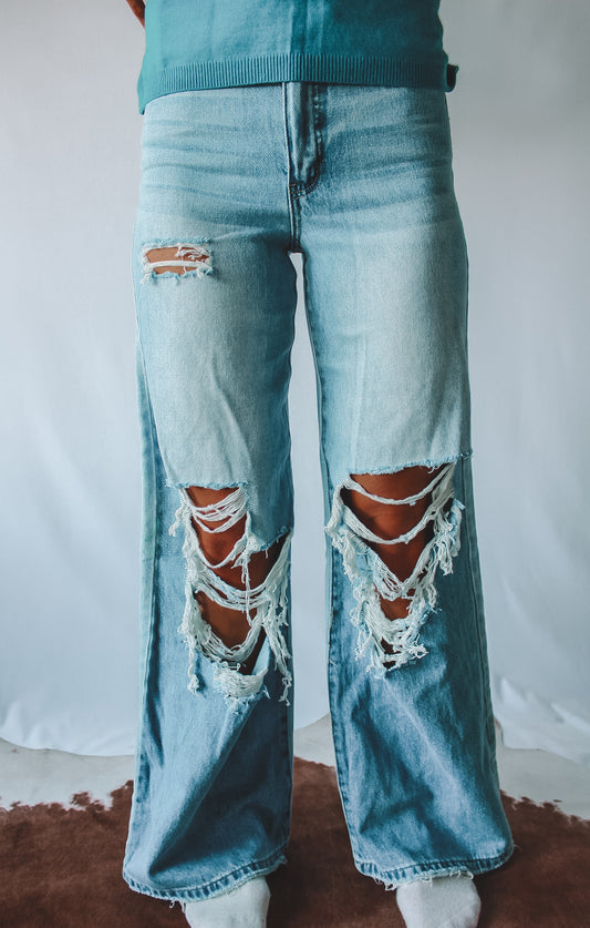 Light Wash High Rise Ripped Trousers