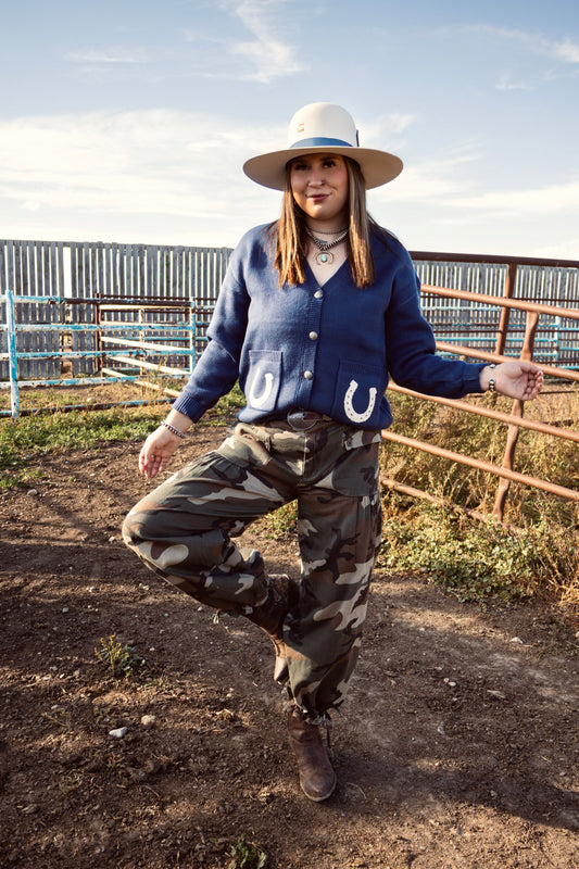 The Callie Blue Horseshoe Cardigan