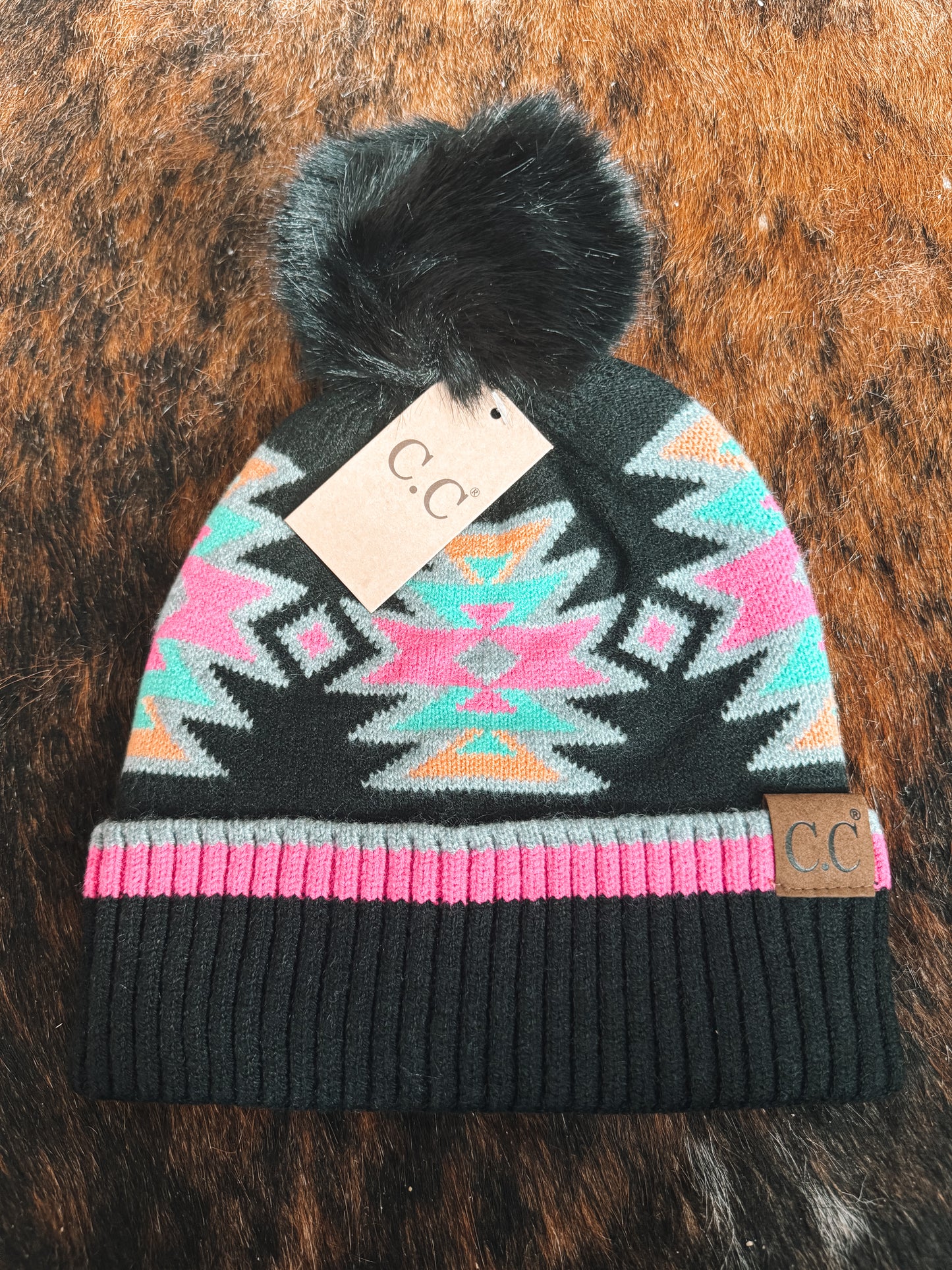 C.C Beanie - Black Multi Aztec Pom Beanie