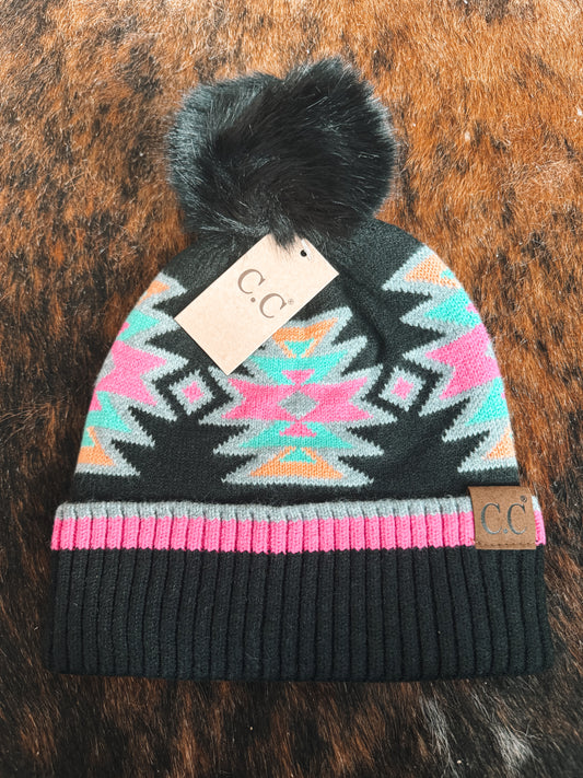 C.C Beanie - Black Multi Aztec Pom Beanie