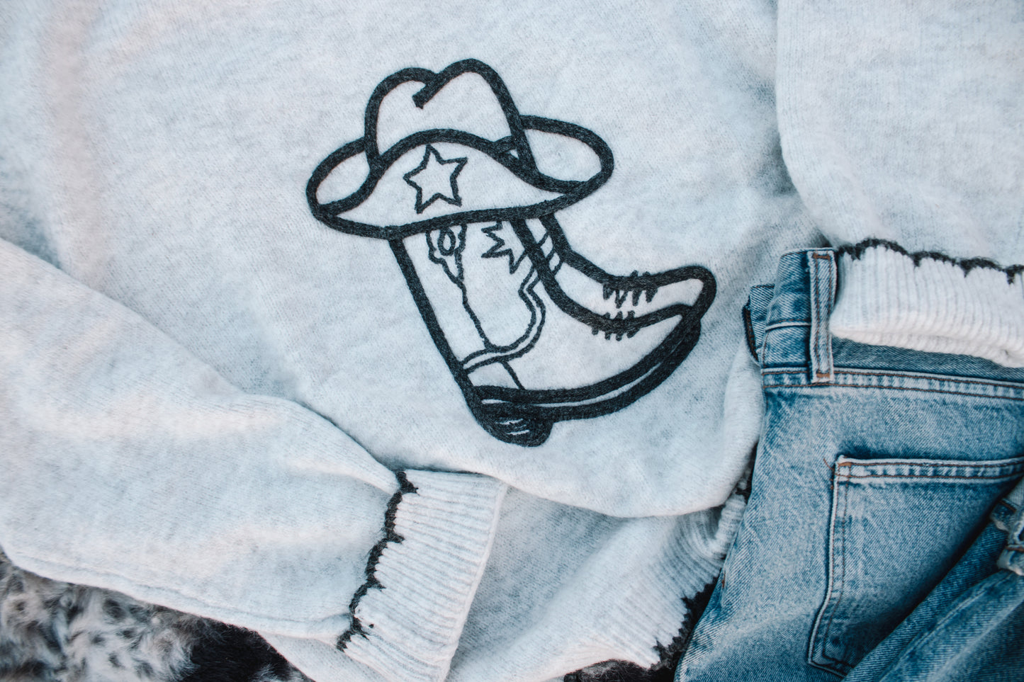 Grey Chain Stitch Cowboy Boot Sweater