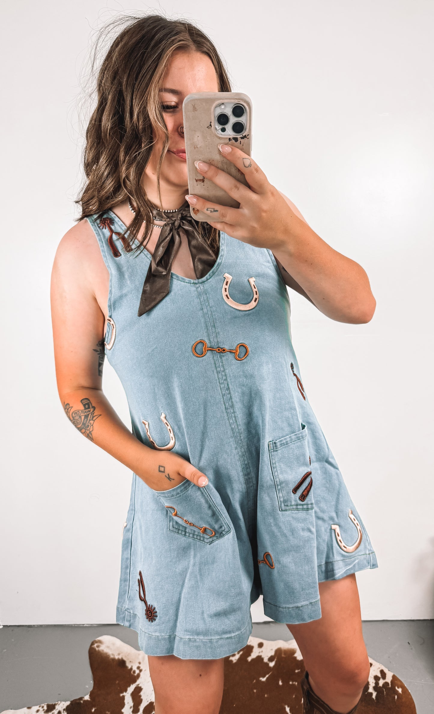 Light Wash Western Embroidered Romper
