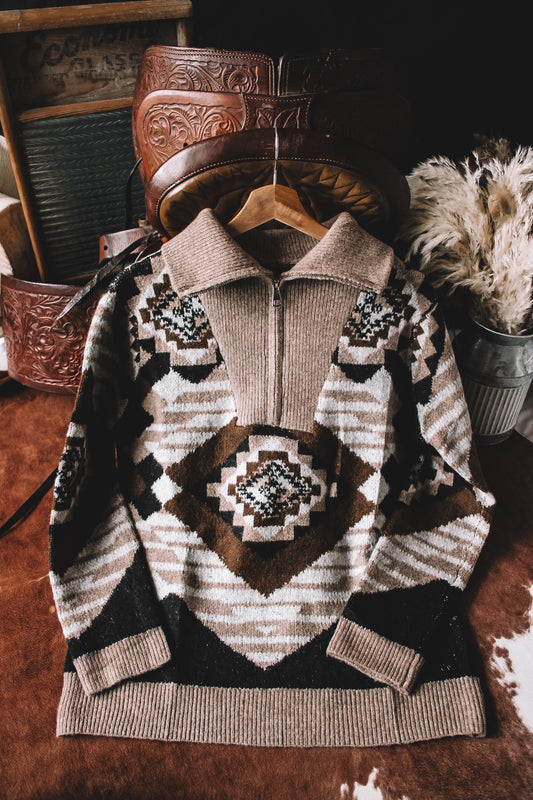 Western Aztec Neutral 1/4 Zip Sweater
