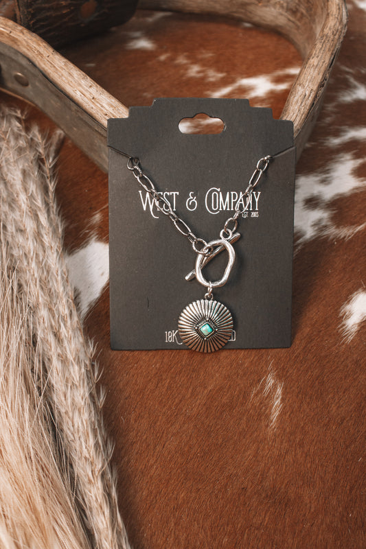 18k White Gold Necklace W/ Concho Pendant & Toggle Closure