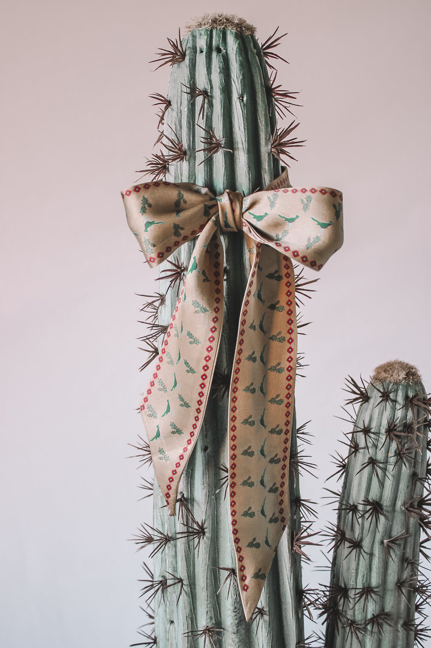 Tan Silk Twilly Scarf with Turquoise Roadrunner