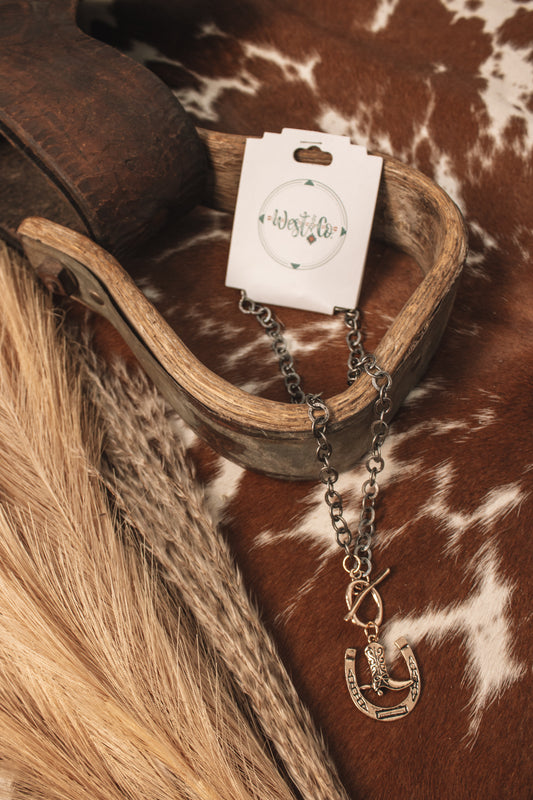 Two-Tone Chain Necklace W/ Horseshoe Pendant & Toggle Clasp