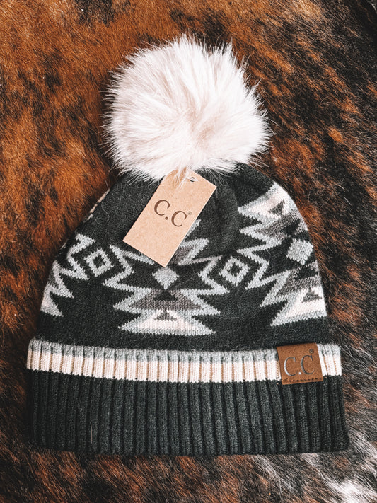 C.C Beanie - Black Aztec Pom Beanie