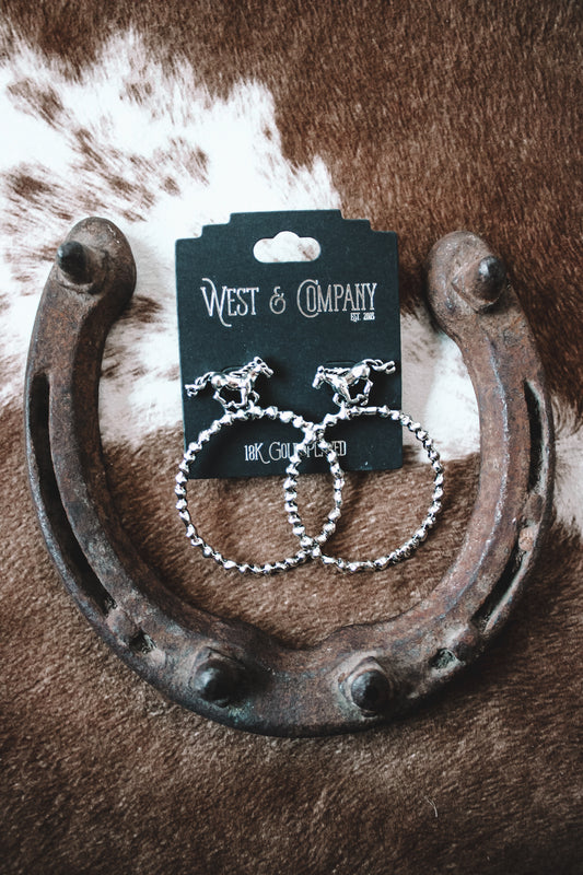 18k White Gold Plated Dangler Hoop Horse Earrings