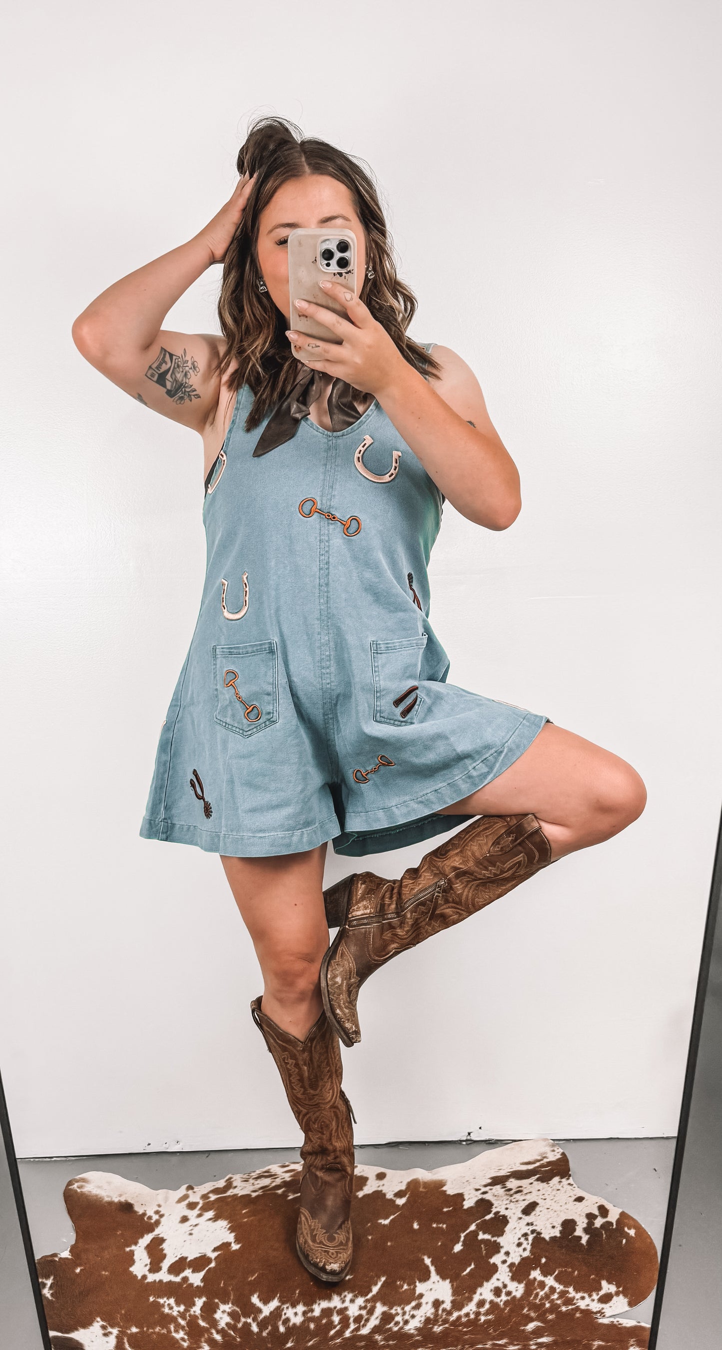 Light Wash Western Embroidered Romper