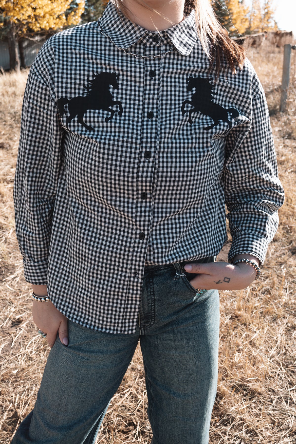 Close-up of black horse silhouette graphic on a black and white gingham button down shirt with pointed collar and black buttons.
