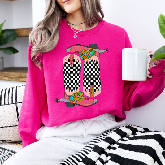 The Branded Roan - Pink Checkered Boots Crewneck